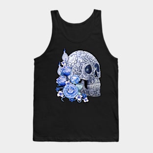 Unique Cool Blue Floral Blue Flowers Skull Tank Top